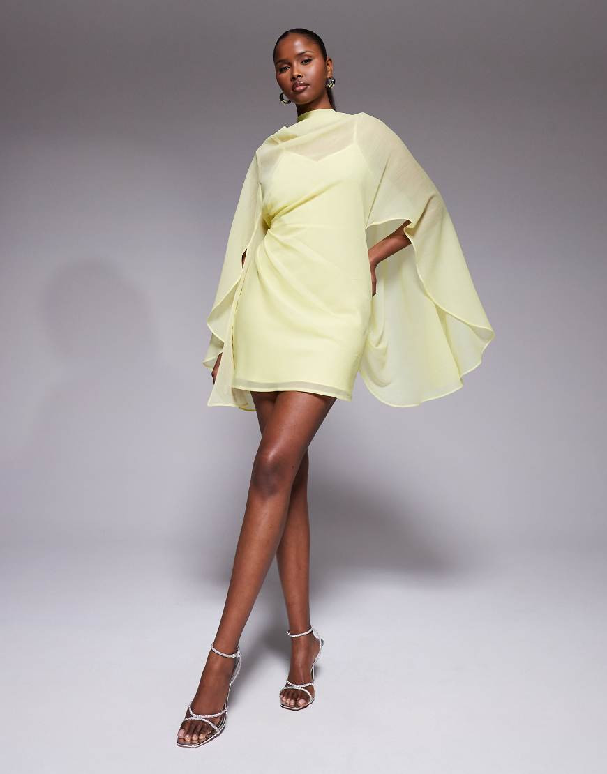 ASOS DESIGN high neck drape front extreme cape sleeve mini dress in yellow | ASOS (Global)