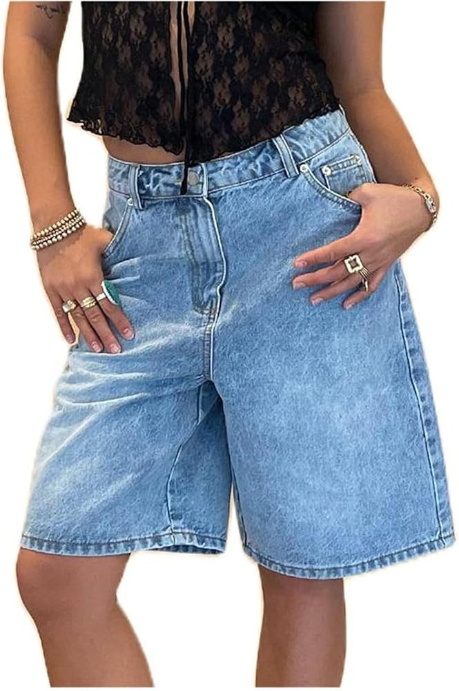 Women Y2K Baggy Denim Shorts Loose Mid Rise Cargo Long Jean Shorts Summer Wide Leg Distressed Car... | Amazon (US)