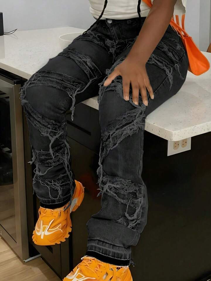 Y2K 90s Street Slant Pocket High Cotton Stretchy Distressed Raw Frayed Unique Tassel Design Patchwork Hip Hop Jeans Music Festival | SHEIN