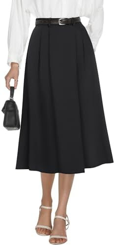 Women's High Waisted Midi Skirts Summer Business Skirt Flare Work A Line Pleated Skirt with Pocke... | Amazon (US)