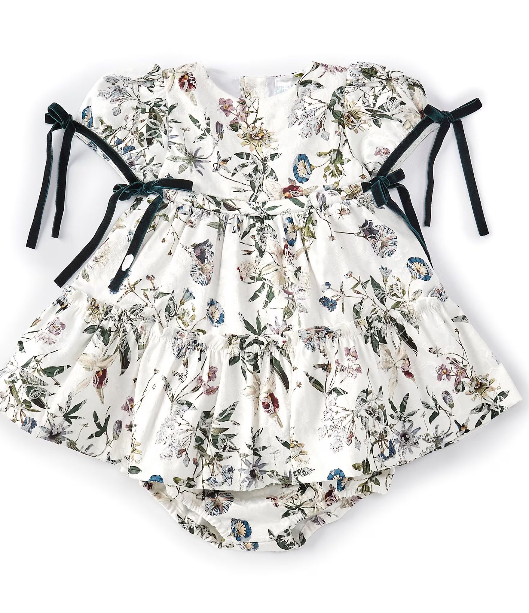 x Nicola Bathie Sophia Floral Jacquard Velvet Bow Boat Neck Short Sleeve Midi Dress | Dillards