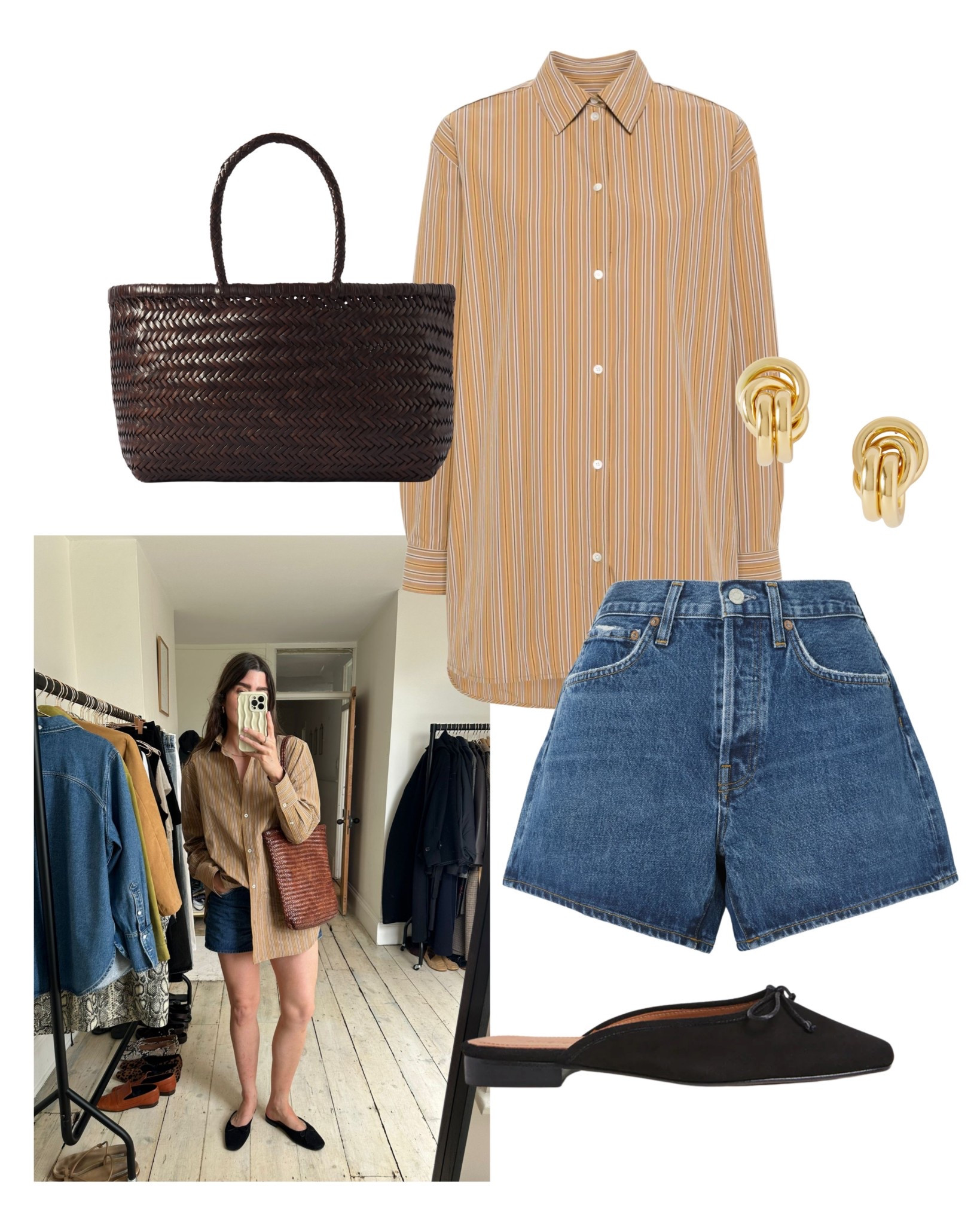 Oversized striped shirt and denim shorts paired with black mules - perfect smart casual wear for summer

#LTKsummer #LTKstyletip