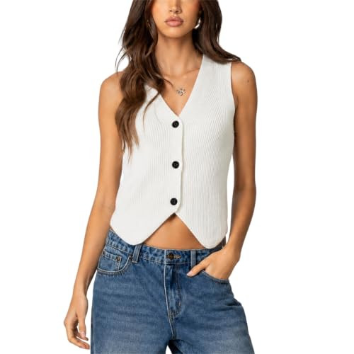 Usweetie Women Vest Tops Sleeveless V Neck Button Knit Sweater Vest White L | Amazon (US)