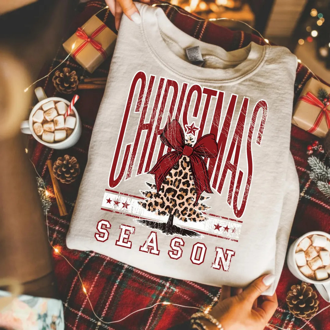 Leopard Christmas Tree Sweatshirt, Retro Christmas Season Sweatshirt, Red Bow Holiday Tee, Vintag... | Etsy (US)