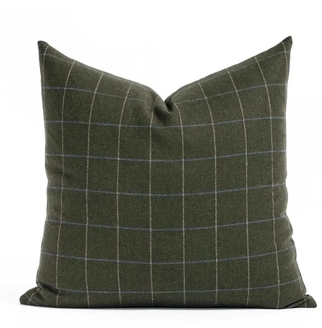 Luxury Green Moss Windowpane Pillow Cover | Wool Blend Accent Pillow| Elegant Handwoven Throw | Etsy (US)