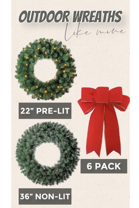 Outdoor wreaths similar to the ones on our house! 22” pre-lit & 36” non-lit. Linked several similar bows & window hooks. 

#LTKunder50 #LTKHoliday #LTKhome