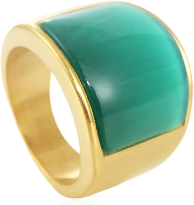 Green Glass Cat Eye Band Ring for Women Men Vintage Cocktail Statement Gemstone Stainless Steel M... | Amazon (US)