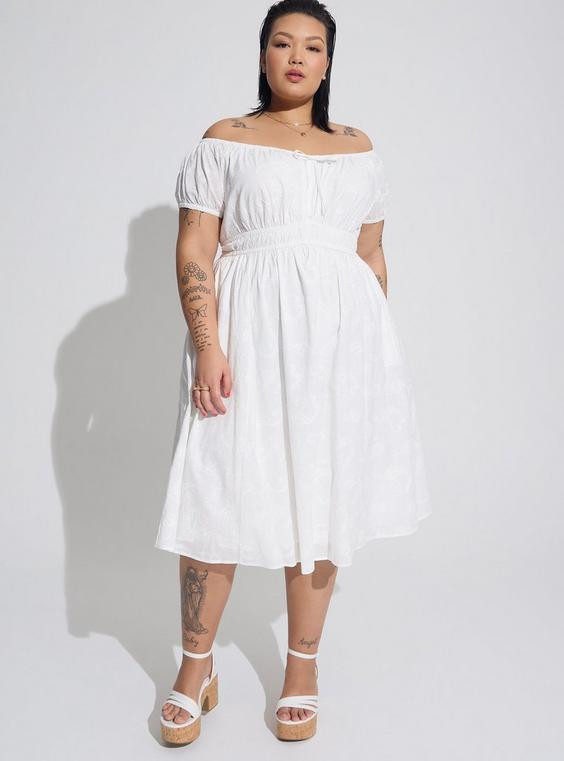 Midi Embroidered Voile Off Shoulder Dress | Torrid (US & Canada)