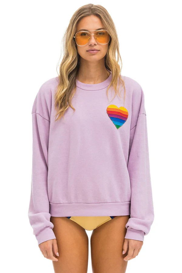 RAINBOW HEART STITCH RELAXED CREW SWEATSHIRT - MAUVE | Aviator Nation