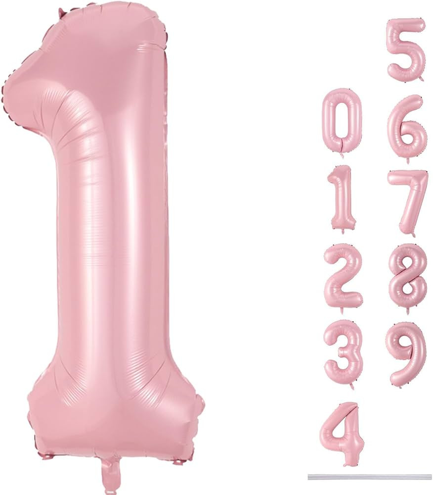 Pastel Pink 1 Balloons, 40 Inch Giant Light Pink Helium Foil Number 0-9 for Girls, Self Inflating... | Amazon (US)