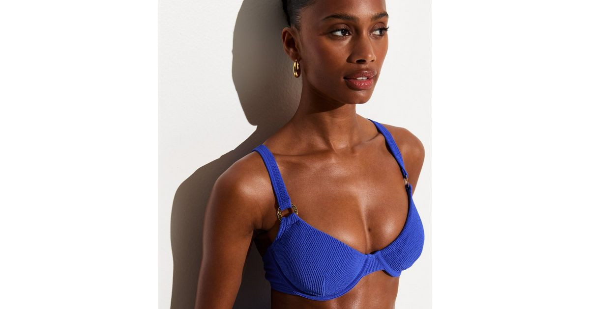 Blue Crinkle Textured O-Ring Underwire Bikini Top | New Look | New Look (UK)