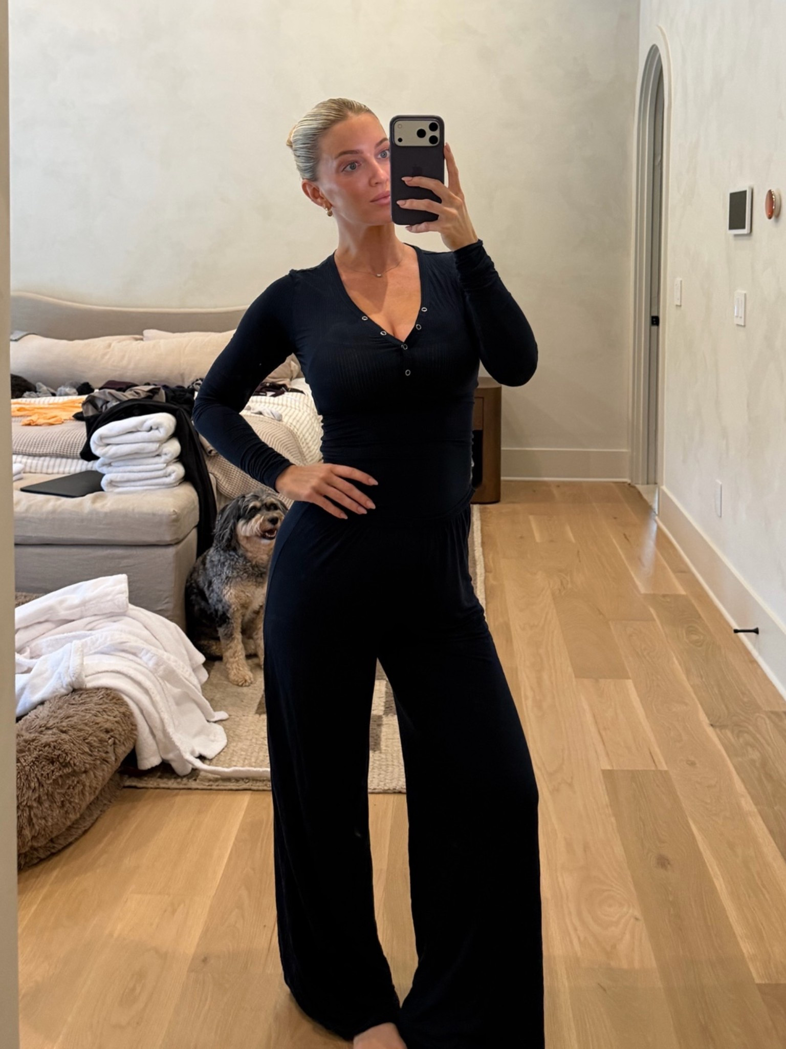 Amazon pajamas!!! Size small in top and medium in bottoms (for the growing belly)