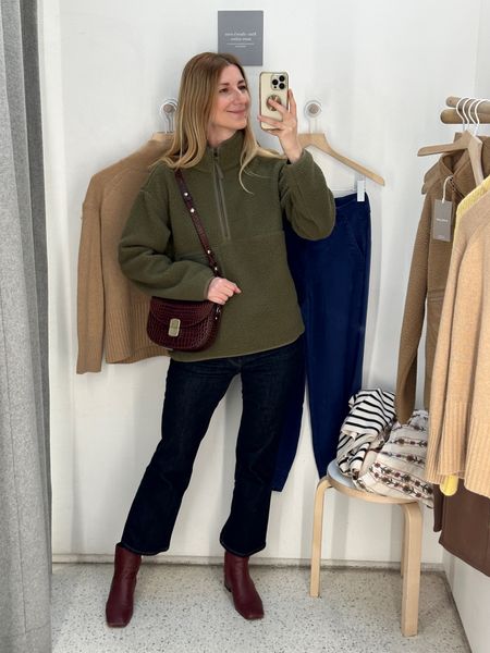 Casual everyday look. Sherpa half zip top in a neutral khaki, burgundy croc leather shoulder bag, kick flare  indigo jeans and ankle low heel booties. You can stay cozy, comfy and look cute too ✨ OOTD inspo

#LTKsalealert #LTKstyletip