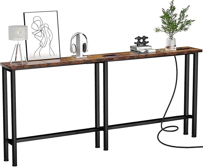 70" Narrow Console Sofa Table - Power Outlets & 2 USB Ports, Metal Frame, Rustic Brown, Perfect f... | Amazon (US)