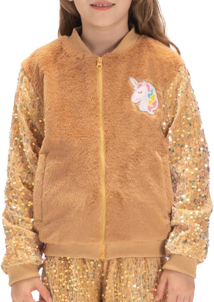 WELAKEN Girl’s Unicorn Fleece Full-zip Sequin Sleeves Jacket with Pocket for Toddler & Kids | Amazon (US)