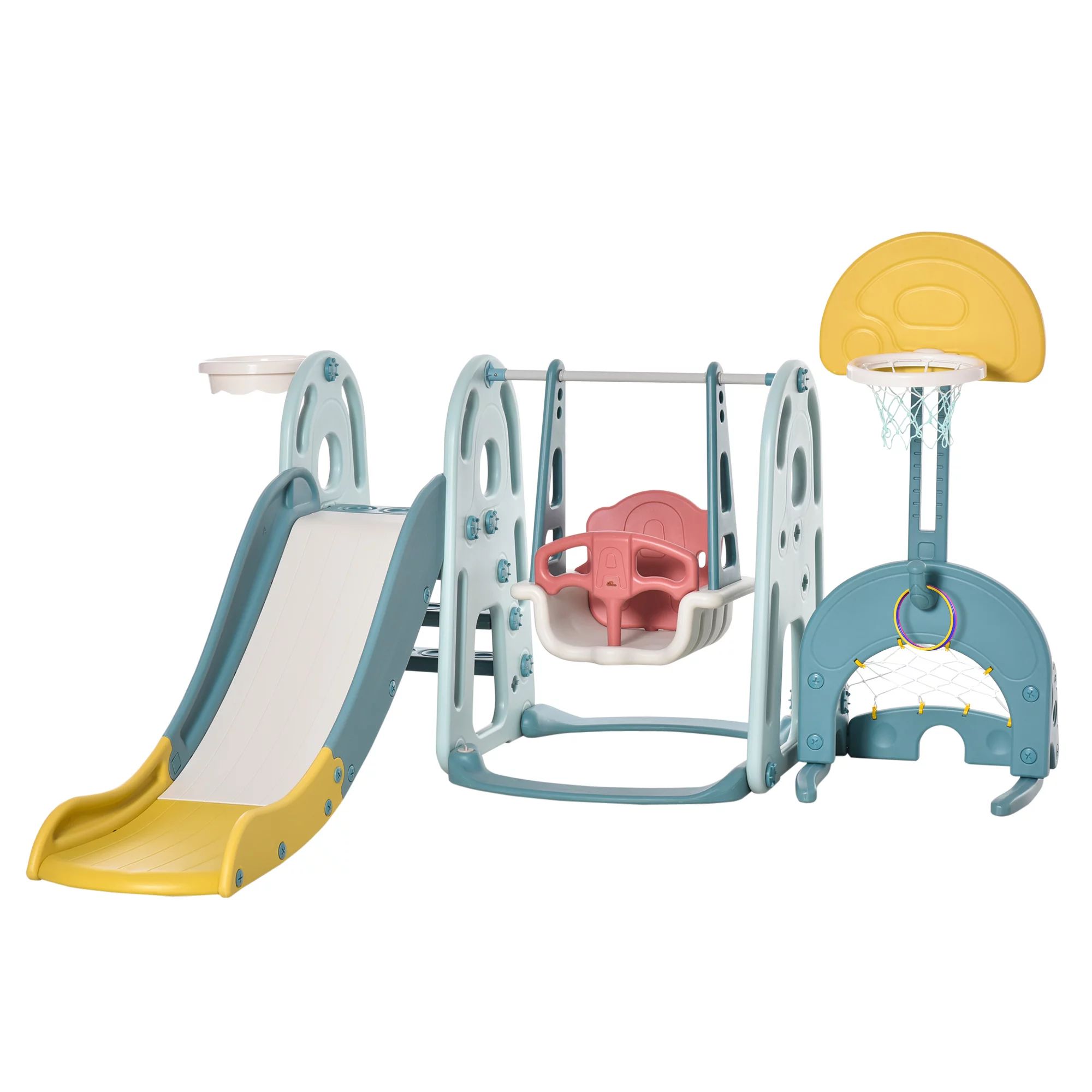 Qaba 5 in 1 Kids Slide Swing Set w/ Basketball Hoop Soccer Goal Ring Toss Game | Walmart (US)