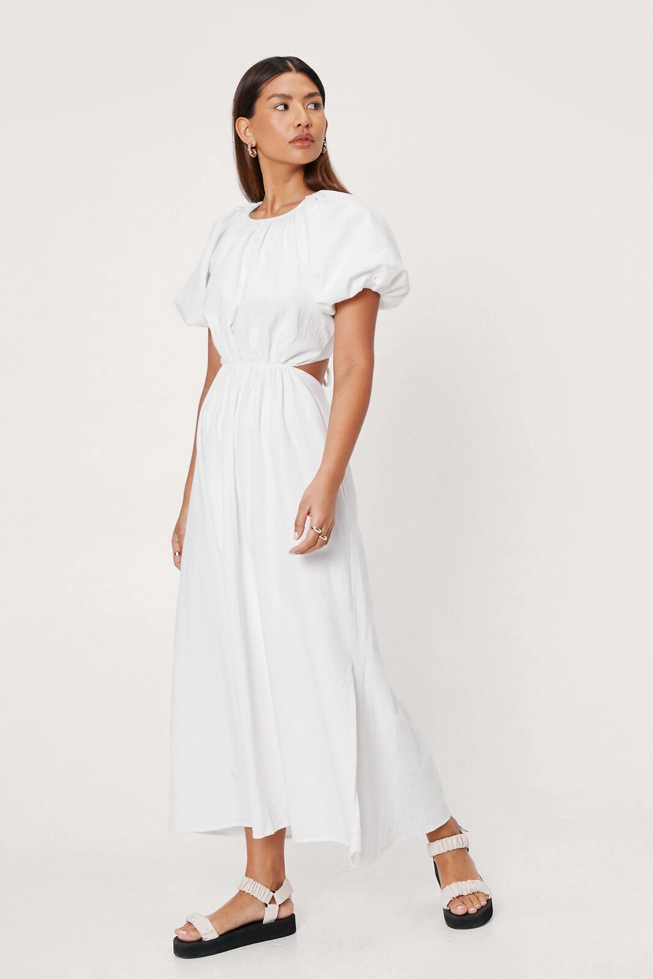 Linen Look Open Tie Back Midi Dress | Nasty Gal (US)