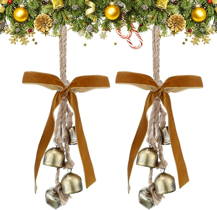 Lukmaa 2 Pcs Christmas Cow Bells with Bow Tranquil Wind Metal Bells with Jute Hanging Rope Rustic Gold Bells for Christmas Tree Wall Door Wreath Outdoor Garden Lucky Decoration | Amazon (US)