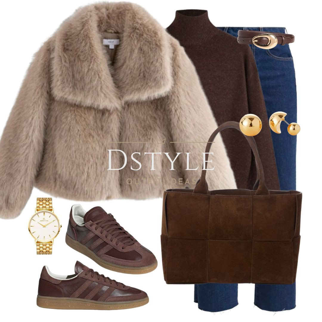 Neutral Short Faux Fur Jacket, brown sweater, jeans, dark brown suede handbag, suede bag, brown Adidas Spezial

#LTKSeasonal #LTKStyleTip #LTKShoeCrush