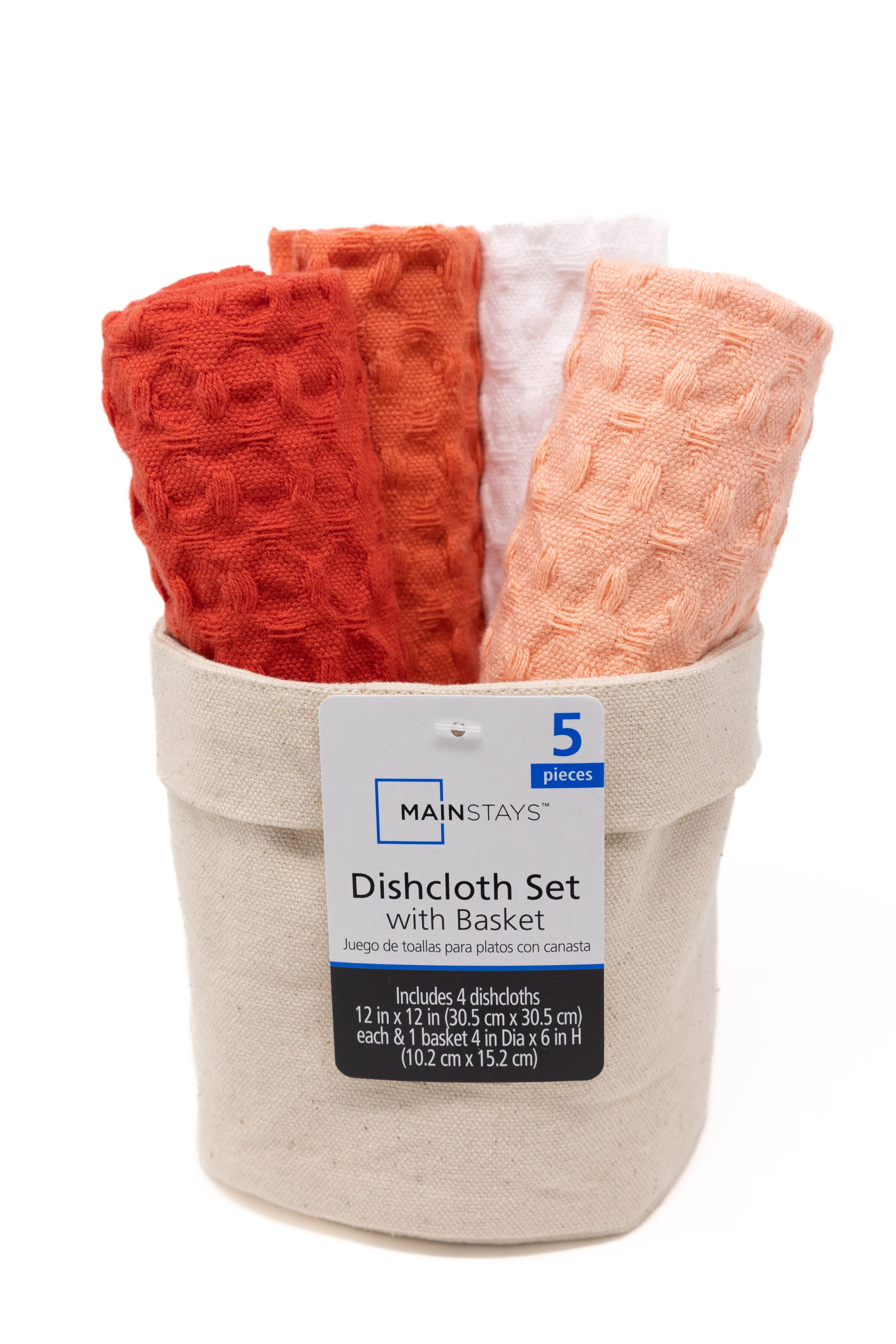 Mainstays Waffle Dishcloths, 1 Canvas Basket and 4 Dishcloths, Coral Orange | Walmart (US)