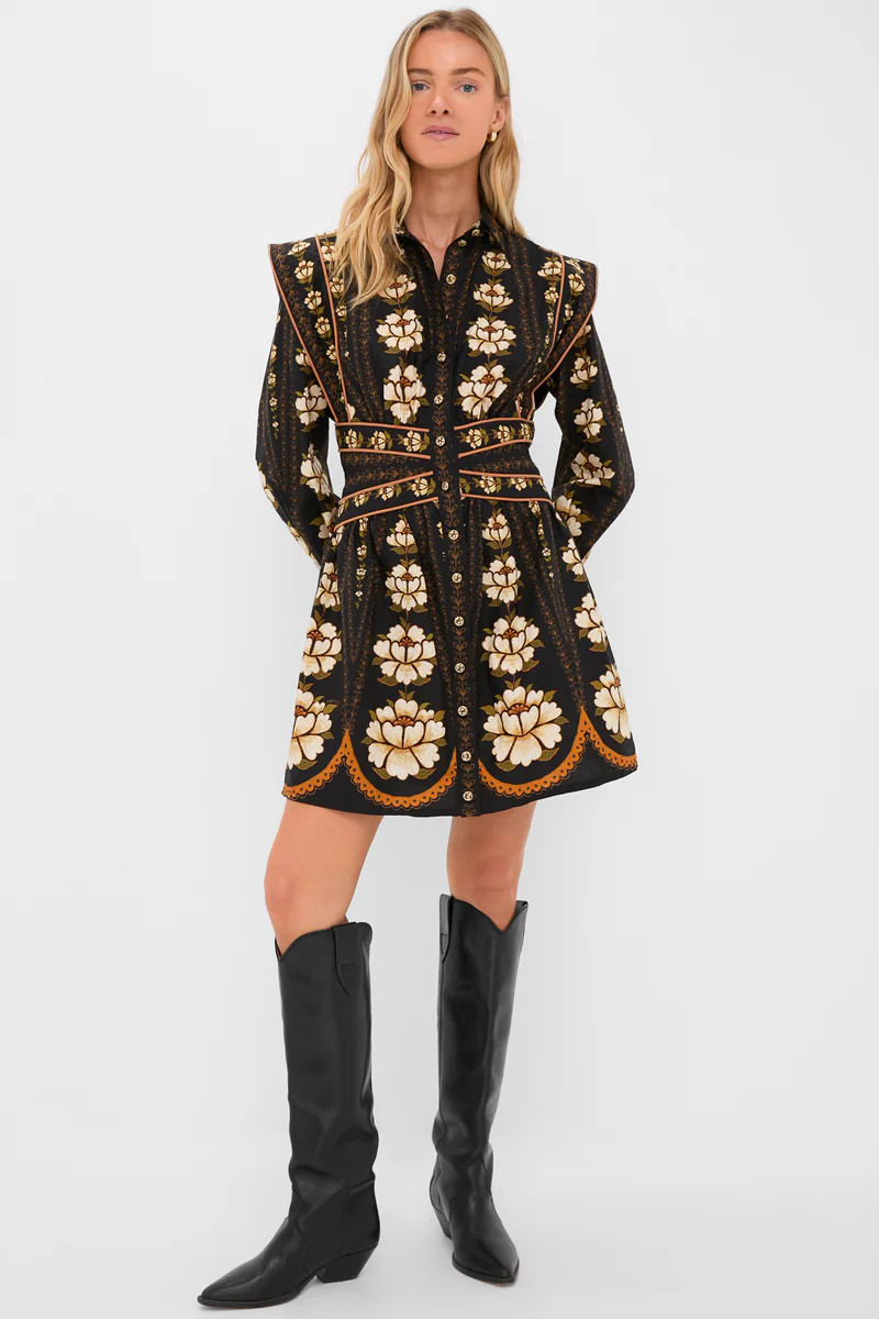Black Embroidered Flowers Topstitching Long Sleeve Mini Dress | Tuckernuck (US)