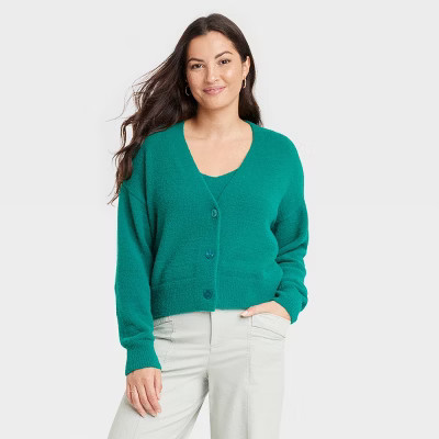 Women's Fuzzy Cardigan - A New Day™ Green L | Target