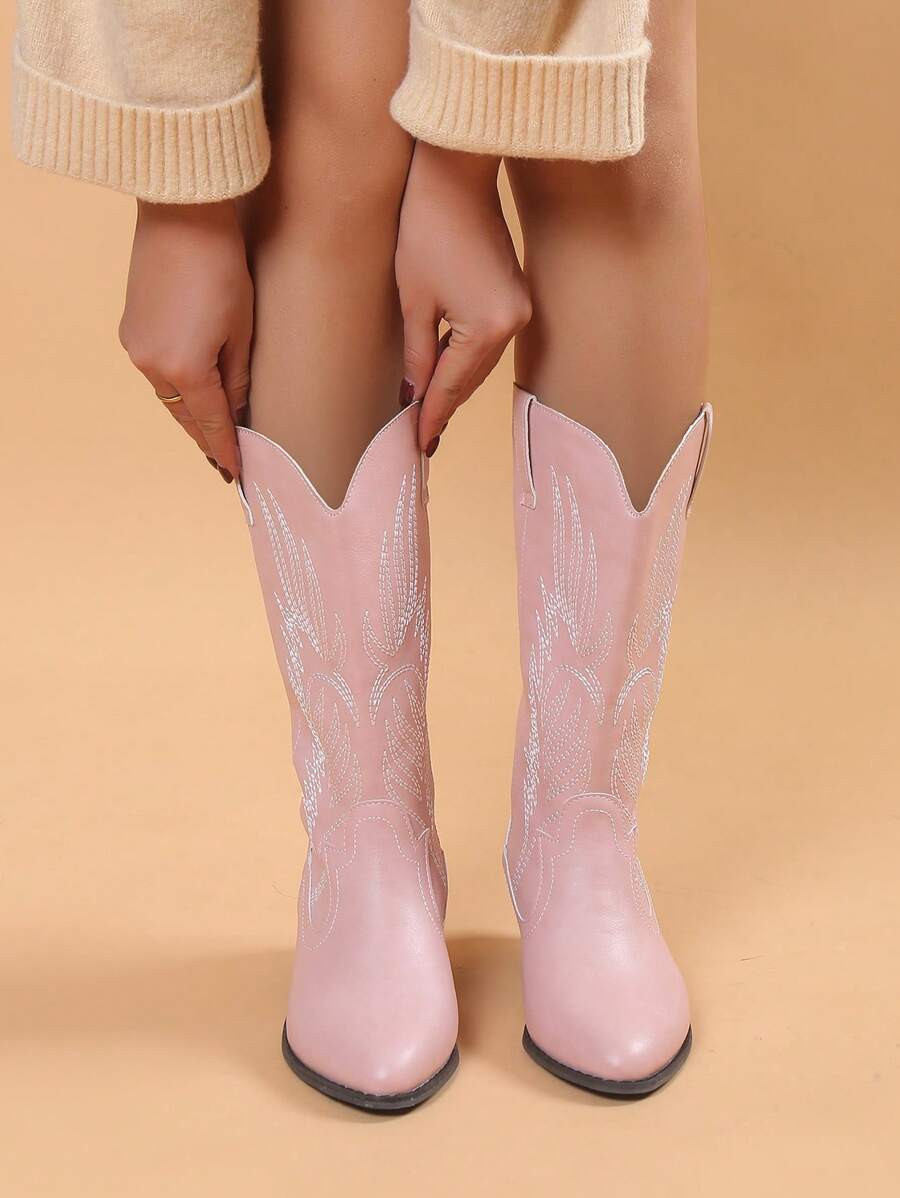 ROMWE Kawaii Women Embroidery Detail Chunky Heeled Western Boots, Cool Outdoor Cowboy Boots For C... | SHEIN