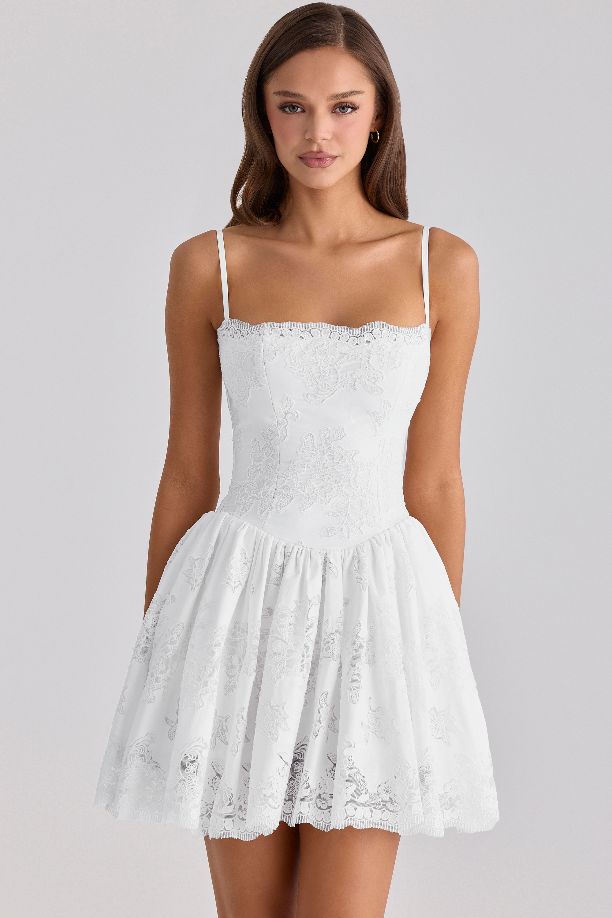 white custom lace + cotton broderie anglaise mini dress | House of CB