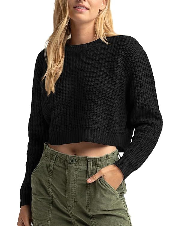 Jumppmile Women's Cropped Sweater Knit Long Sleeve Crewneck Soft Pullover Sweater Top | Amazon (US)