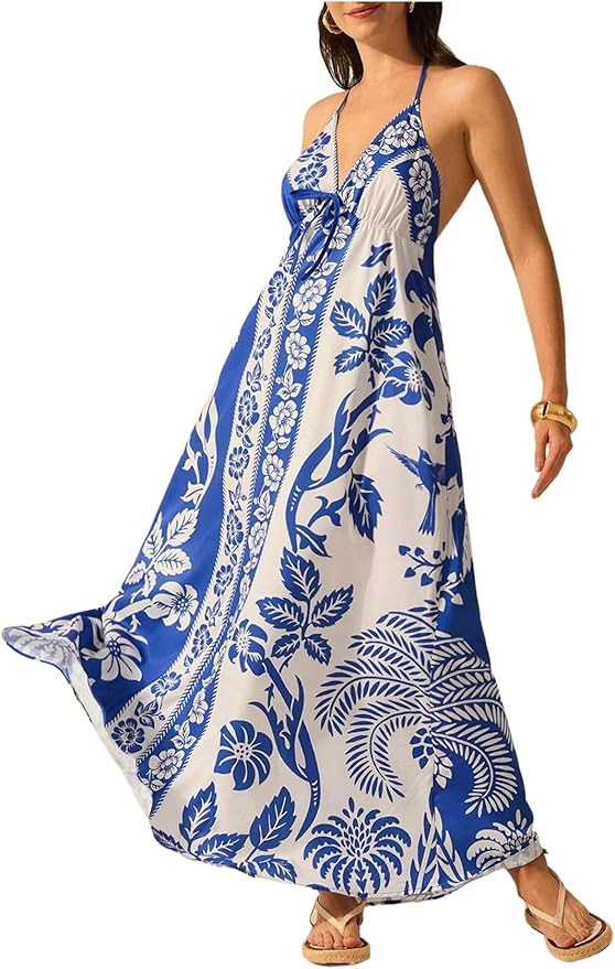 SHENHE Women's Summer Tropical Floral Halter Maxi Dress Open Back Empire Waist Flowy Boho Dress | Amazon (US)