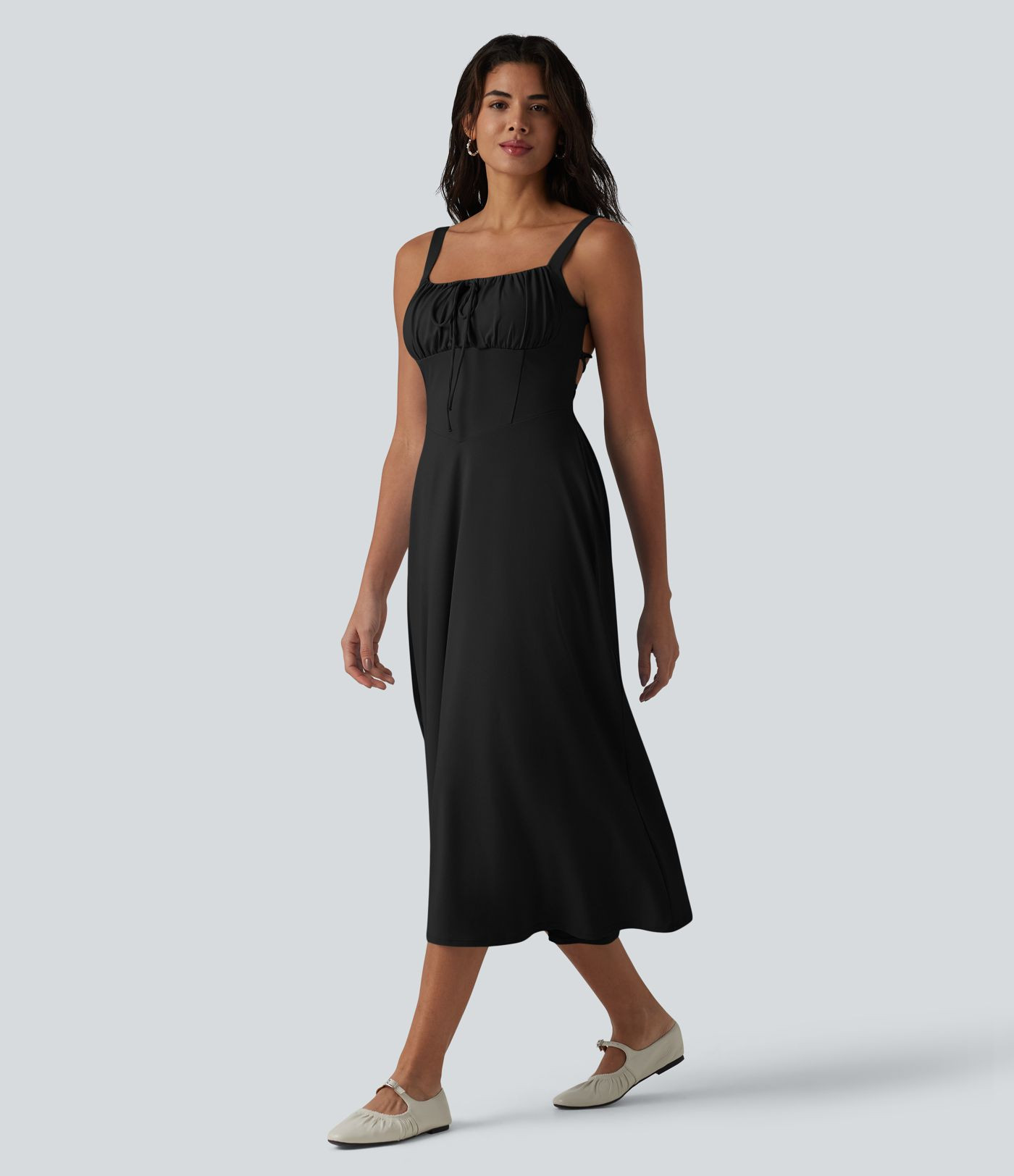 Women\u2019s Crisscross Backless Square Neck Sleeveless Ruched Built-in Bra Midi Resort Flowy Dre... | Halara UK