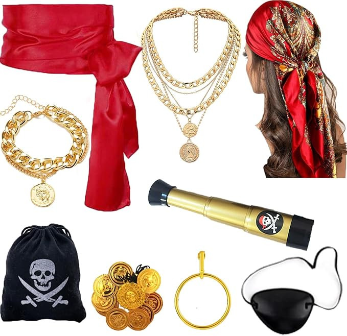 9PCS Pirate Costume Accessories Women with Head Scarf Wrap Pirate Eye Patch Sash Belt Necklace,Br... | Amazon (US)