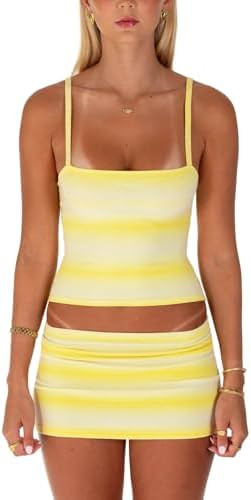 Argeousgor Women Striped Mini Skirt Set Y2k Cropped Cami Tank Top and Bodycon Short Skirt Summer ... | Amazon (US)