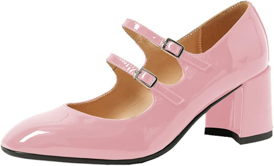 Damen Stilvolle geschlossene runde Zehe Lackleder Riemchen niedriger Blockabsatz Elegante Vintage... | Amazon (DE)