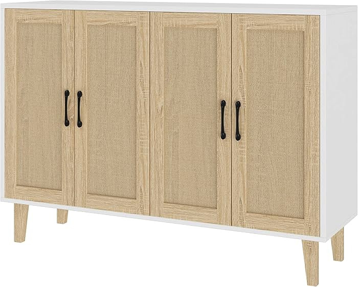 Panana Buffet Storage Cabinet with Rattan Decorating 4 Doors Living Room Kitchen Sideboard 48.43 ... | Amazon (US)
