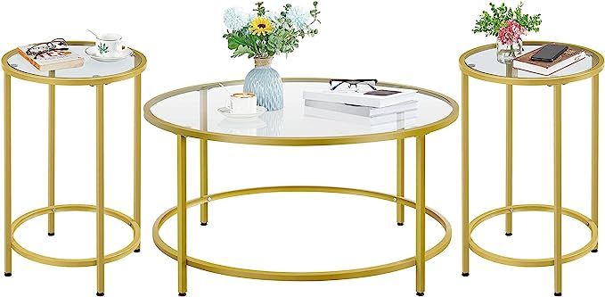 Yaheetech Coffee Table Set of 3, Round Coffee Table & 2pcs Accent End Table Easy Assembly w/Glass... | Amazon (US)