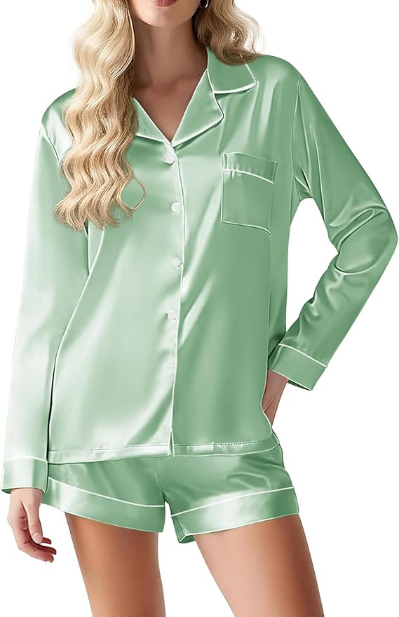 Ekouaer Satin Pajama Set for Women Button Down Pj Set Long Sleeve Top and Shorts 2 Piece Loungewe... | Amazon (US)