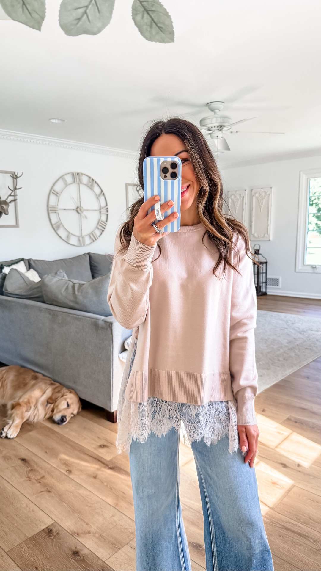 Small lace hem sweater. 25 wide leg jeans. Mules TTS.

#LTKOver40 #LTKPetite #LTKSaleAlert
