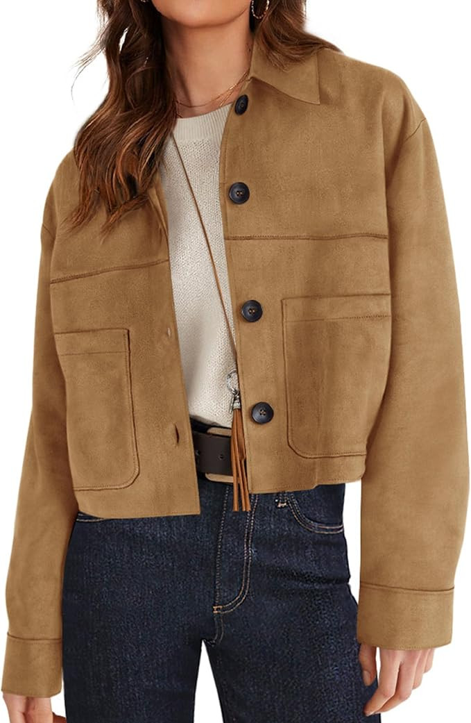 PRETTYGARDEN Women's Faux Suede Lightweight Cropped Jacket | Button Down Collared Shacket, Oversi... | Amazon (US)