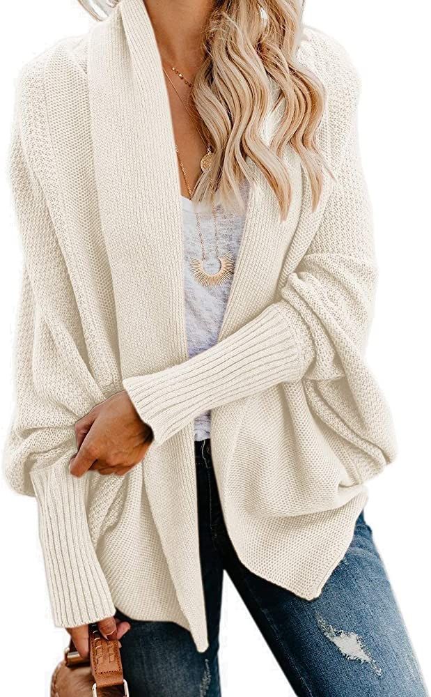 Imily Bela Women's Kimono Batwing Cable Knitted Slouchy Oversized Wrap Cardigan Sweater Cream White  | Amazon (US)