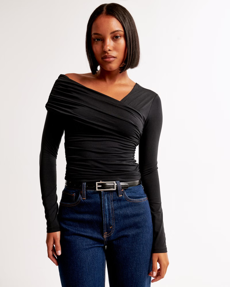 Long-Sleeve Off-The-Shoulder Draped Wrap Top | Abercrombie & Fitch (US)