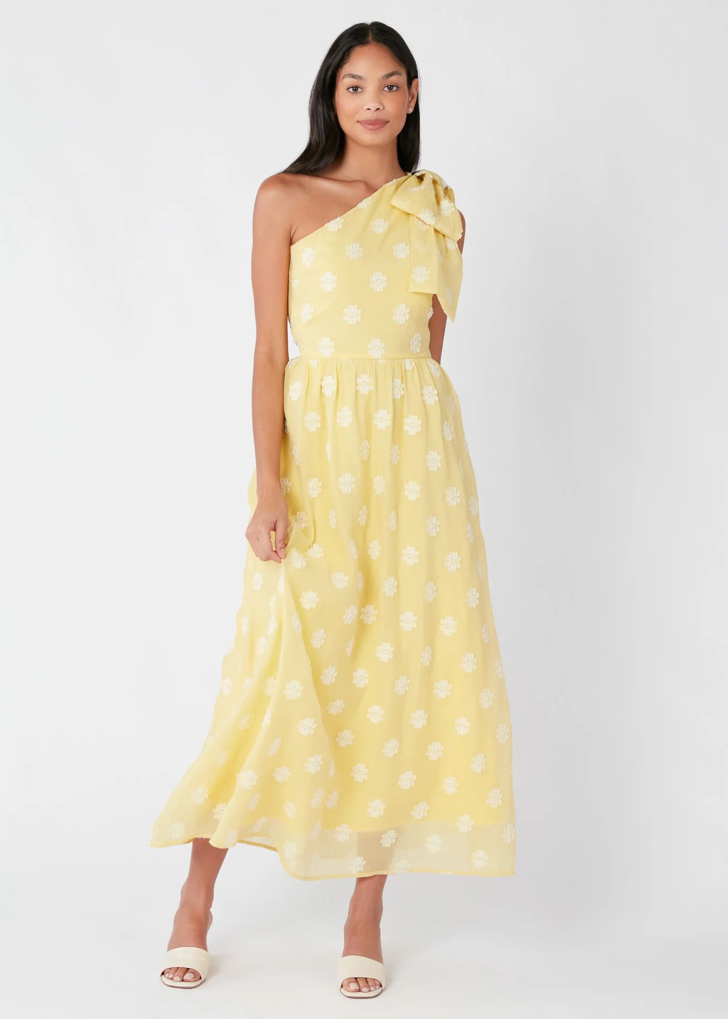 Caroline One-Shoulder Gown Yellow Daisy Voile | Abbey Glass