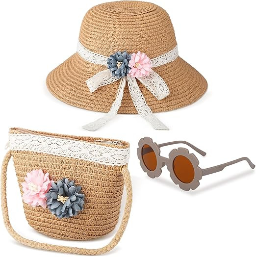 Xtinmee 3 Pcs Summer Hat Bag Sunglasses Set Straw Hat Pocket Bag Flower Round Sunglasses for Kids... | Amazon (US)