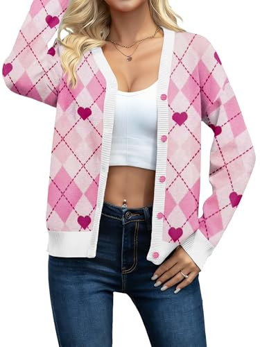 Valentines Cardigan for Women Love Heart Sweaters Valentines Long Sleeve Button Down V Neck Knit Sweater(LightPink2, XX-Large) | Amazon (US)