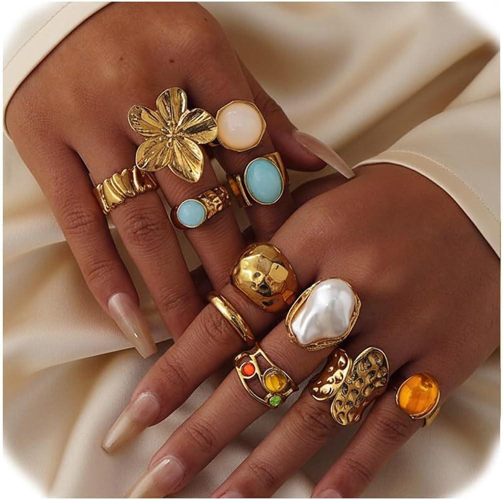 Chunky Gold Rings for Women Non Tarnish, Baroque Pearl Flower Tiger's Eye Stone Rings Adjustable ... | Amazon (US)