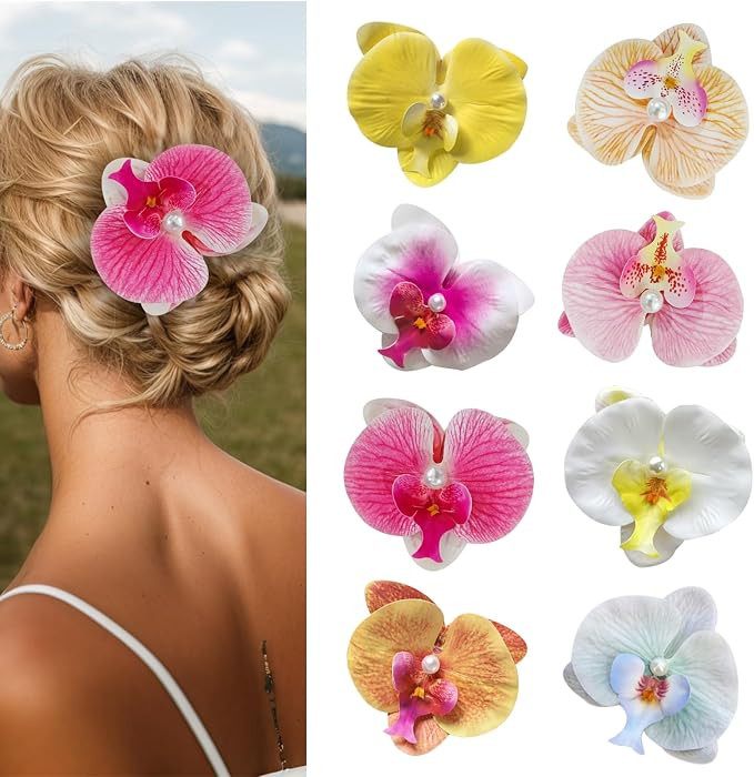8pcs Hawaiian Flower Hair Clips for Women,Butterfly Orchid Hair Clips Fake Flower for thin thick hair Clips for Wedding Bridal Beach Party | Amazon (US)