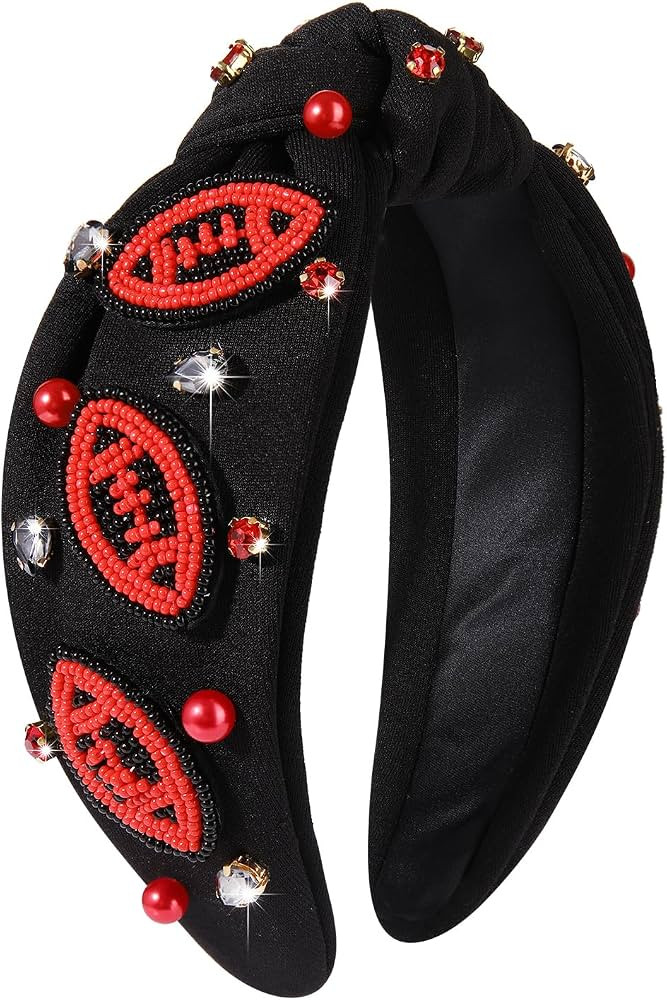 Football Knotted Headbands for Women Game Day Sports Headband Pearl Crystal Bejeweled Wide Top Kn... | Amazon (US)