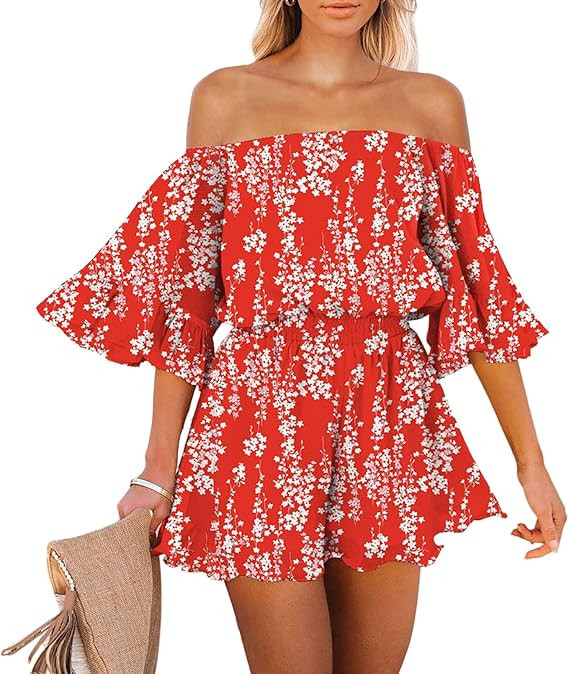 Fixmatti Women Boho Summer Romper Casual Floral Print Off Shoulder Strapless Shorts Jumpsuits | Amazon (US)