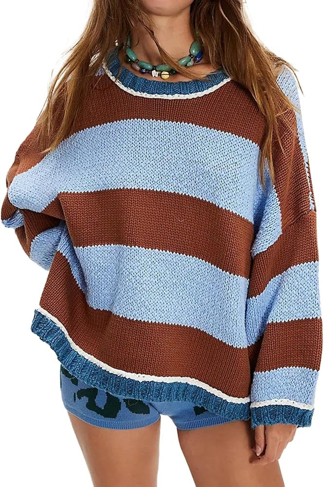 Women Striped Sweater Colorblock Drop Shoulder Chunky Knit Pullover Fall Winter Tops | Amazon (US)