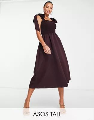 ASOS DESIGN Tall shirred bunny tie prom midi dress in aubergine | ASOS (Global)